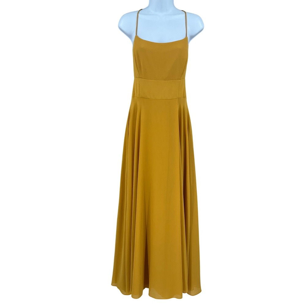 Lulus Maxi Dress Women L Mustard Chiffon Open Back Formal Gala Prom Cocktail